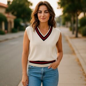 Sunday Best Sweater Vest M Cream Red Navy Preppy Knit by Aritzia